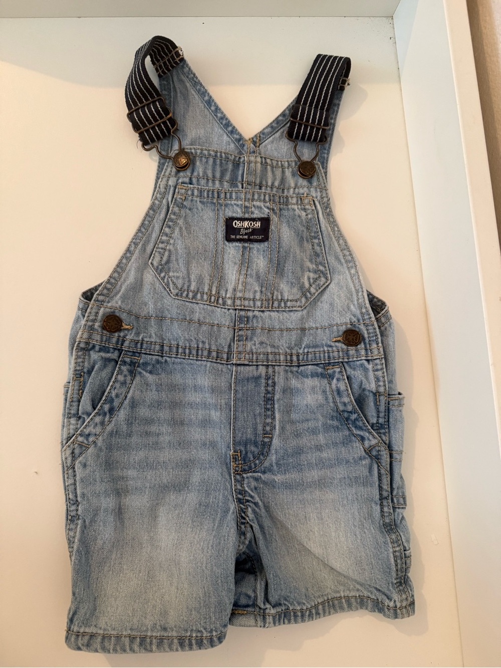 OshKosh B'gosh Light Blue Denim Short Overalls with Striped Straps